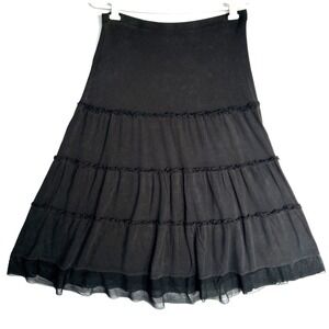 Ann Taylor Tiered Lyocell Pull On Whimsigoth‎ Mesh Hem Trim Midi Skirt M L Black